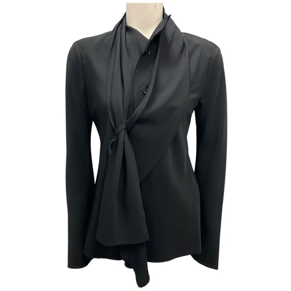 YOHJI YAMAMOTO NOIR BLACK DRAPED ASYMMETRIC SILK BLOUSE - Picture 1 of 6